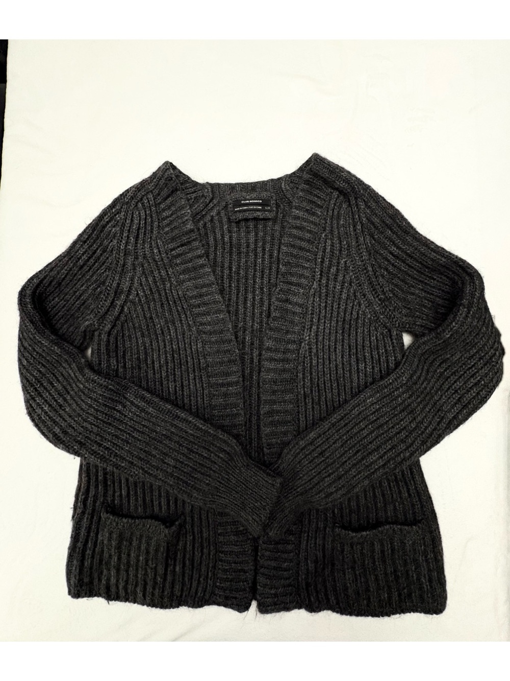 Club Monaco Wool Mohair Alpaca Blend
Ribbed Open Cardigan Sweater Charcoal Sz S